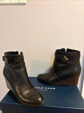 Cole Haan Black Leather Wedge Ankle Booties with Buckle Elsie BW BYE
